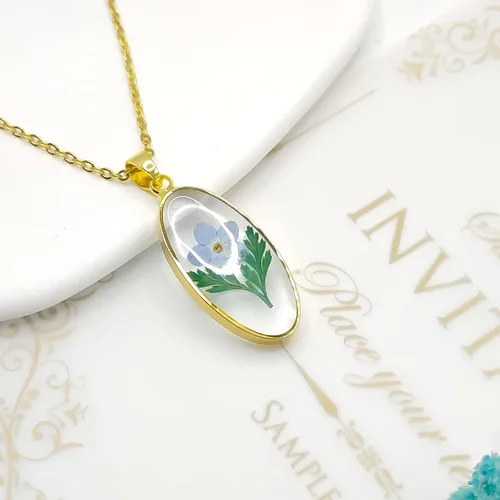 Miniatura 48 de Collar de flores silvestres prensadas con encaje de Forget-Me-Not y Queen Anne Collar de flores prensadas de oro Collares hechos a mano
