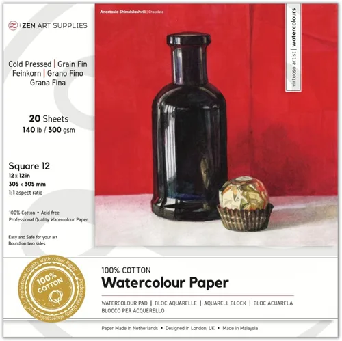 ZenART - Bloque de papel de acuarela de 12 x 12 pulgadas, papel de acuarela 100% algodón, prensado en frío, 140 libras, 300 GSM, sin ácidos, 20