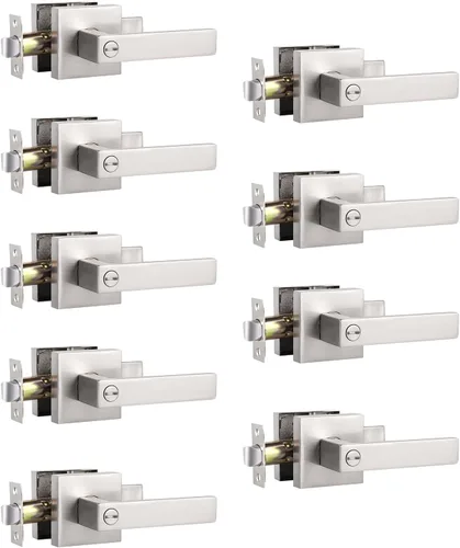 Knobonly Paquete de 9 manijas de puerta reversibles de níquel cepillado, cerradura cuadrada de privacidad sin llaves