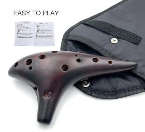 Miniatura 7 de Ocarina de 12 agujeros Alto C de paja, cerámica ahumada, piccolo, instrumento musical para adultos con libro de canciones y bolsa para el cuello
