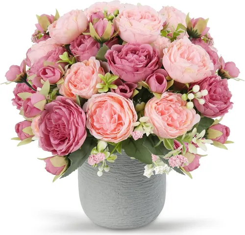 Miniatura 14 de Flores de seda de peonía artificial, ramo de peonía falsa rosa 4 paquetes Arreglos florales decoración para casa de campo estilo boho centro de mesa
