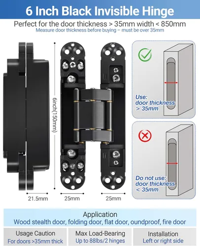 Miniatura 3 de Bisagras invisibles mejoradas para puerta (2 piezas) – Bisagras ocultas negras de 6 pulgadas para puertas, ajustable de 3 vías y columpio de 180