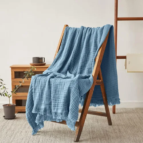 Miniatura 12 de Simple&Opulence Manta de muselina de algodón para cama, sofá, manta de gasa tejida de punto con borlas, suave, ligera, acogedora, prelavada