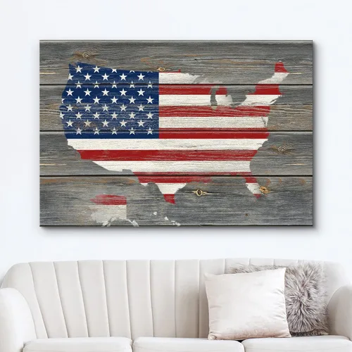 Miniatura 2 de wall26 - Cuadro en lienzo para pared, bandera americana sobre mapa de Estados Unidos en panel de madera, ilustraciones culturales de arquitectura
