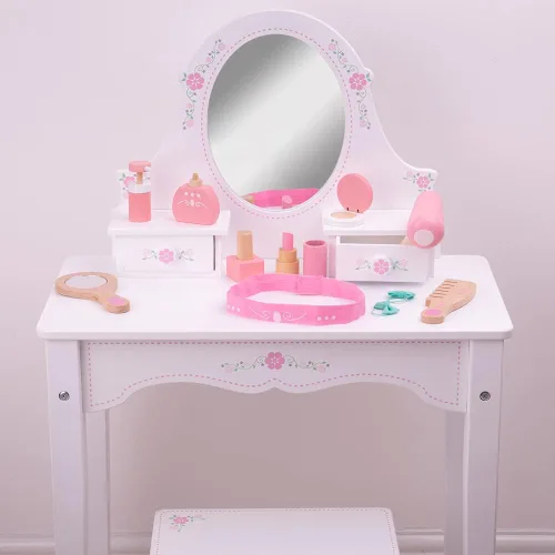 Miniatura 3 de Bigjigs Toys Estuche de madera para niños, kit de tocador de 11 piezas y accesorios con bolsa de transporte de lunares rosados, juguete ideal