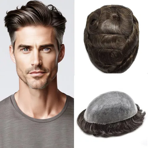 Miniatura 97 de Peluca completa de poliuretano para hombre, sistemas de reemplazo de cabello humano, piel fina y duradera, para hombre, prótesis de cabello