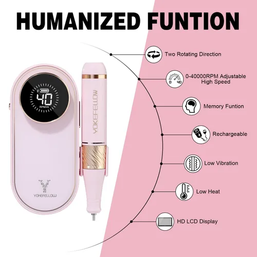 Miniatura 3 de YOKE FELLOW Taladro de uñas – 40000 RPM lima de uñas eléctrica para uñas acrílicas profesional con 12 brocas de manicura, pedicura, pulido de uñas