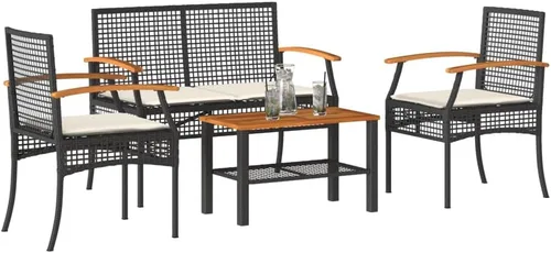 Ensemble Salon de Jardin Noir et Crème 4 Places avec Coussins, Table Banc en Rotin Synthétique Résistant aux UV Pour Terrasse, Balcon, Jardin -