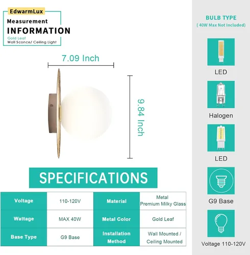 Miniatura 6 de Edwarmlux Aplique de pared de 1 luz, aplique de pared moderno de mediados de siglo, lámpara de techo, lámpara de tocador, lámpara de pared
