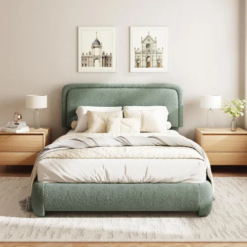 Miniatura 19 de Base de cama Boucle tamaño King, plataforma tapizada en nube con cabecero ajustable en altura y esquinas redondeadas suaves, no necesita somier, sin