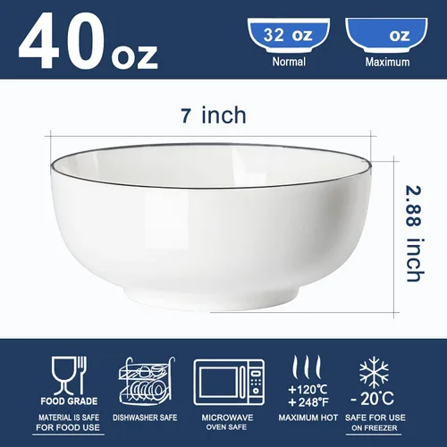 Miniatura 2 de Houlu Tazones de sopa de 40 onzas, cuencos de cereales, cuencos Pho, cuencos de ensalada, cuencos de porcelana blanca hueso, juego de 4, 7 pulgadas
