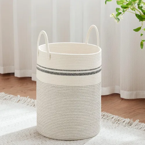 Miniatura 22 de VIPOSCO Cesta de lavandería grande, cesta de almacenamiento de cuerda tejida alta para mantas, juguetes, ropa sucia en la sala de estar, baño, Rayas