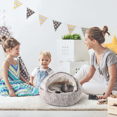 Miniatura 9 de CATISM Cama de felpa con capucha para gatos, nido relajante, cueva autocalentable, cómoda cápsula para gatos de interior o perros pequeños, cala