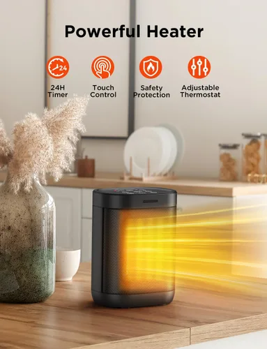 Miniatura 3 de Calentador de espacio de 1500 W para uso en interiores, calentamiento rápido 2S, calentador eléctrico de cerámica con termostato, temporizador de 24