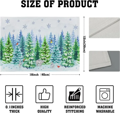 Miniatura 4 de Juego de 4 manteles individuales con diseño de osos de Navidad con acuarela, diseño de pájaros de invierno, diseño de árboles de copo de nieve