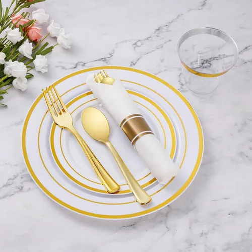 Miniatura 2 de Goodluck Juego de vajilla de plástico dorado de 350 piezas para 50 invitados, elegantes platos desechables para fiesta, incluye: 50 platos de cena