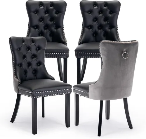 Miniatura 104 de Juego de 2 sillas de comedor tapizadas de terciopelo, sillas laterales de cocina de estilo moderno con ribete de cabeza de clavo y patas de madera