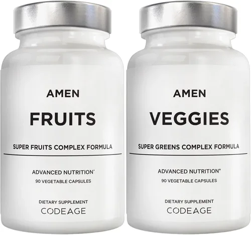 Amen Paquete de vitaminas Fruits + Veggies, cápsulas multivitamínicas de alimentos integrales crudos, verduras verdes, frutas rojas y bayas, mezcla