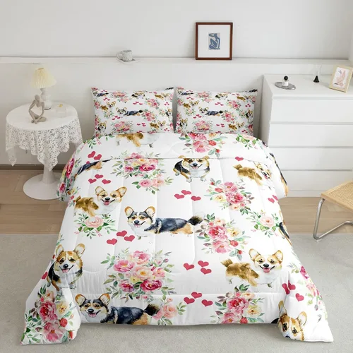 Miniatura 5 de Erosebridal Lindo juego de edredón de perro Corgi para niños y niñas, juego de ropa de cama romántico de flores rosas tamaño individual, edredón
