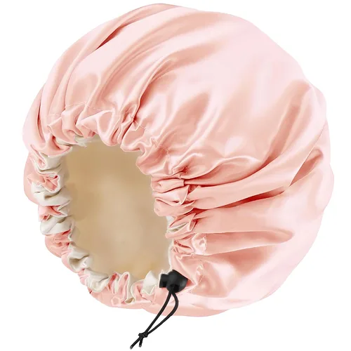Miniatura 29 de Gorro de seda de satén para cabello rizado, gorro trenzado para dormir, para mujer, grande, doble capa ajustable (2 unidades, negro)
