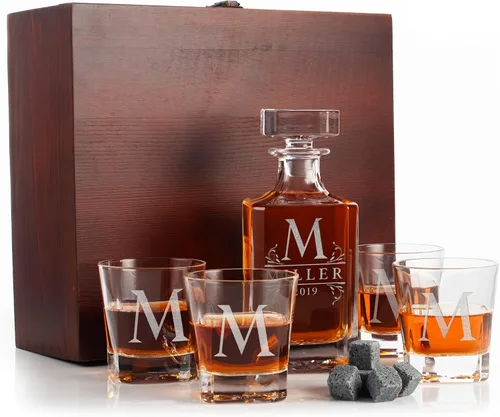 Miniatura 9 de Juego de decantadores de whisky personalizados, 9 opciones de diseño, 5 decantadores de licor de cristal personalizables con tapón de vidrio