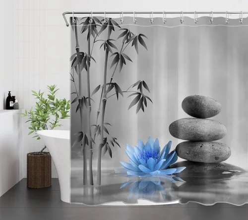 Miniatura 11 de LB Cortina de ducha de spa Zen azul y gris, piedra de bambú gris con flor de lirio de agua azul, cortina de ducha moderna para spa, decoración
