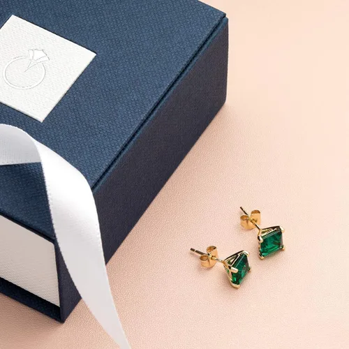 Miniatura 6 de Peora Aretes de tuerca de esmeralda de oro amarillo macizo de 14 quilates para mujer, solitario clásico, corte de princesa hipoalergénico, 0.236
