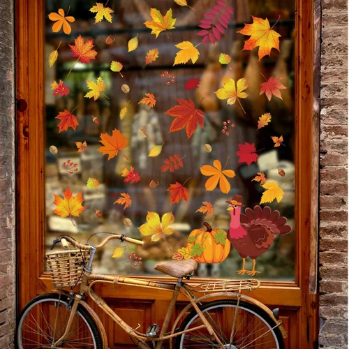 Miniatura 6 de 164 calcomanías de otoño para ventanas de vidrio, calcomanías de hojas de arce para ventana de otoño, decoración de otoño para Acción de Gracias