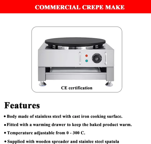 Miniatura 4 de Fabricante eléctrico del crepe plancha grande de los crepes de la máquina de la torta de 16 pulgadas con el esparcidor de madera y la espátula