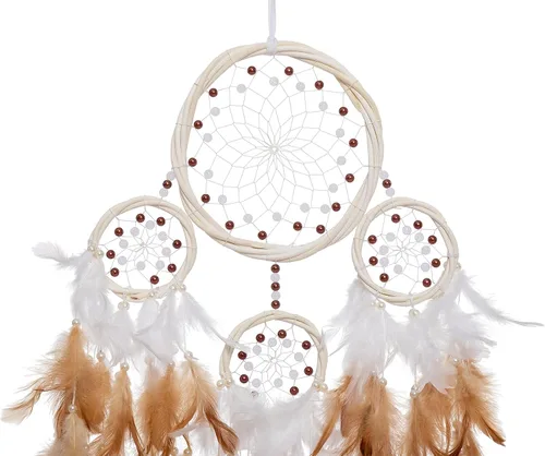 Miniatura 3 de Atrapasueños grandes de ratán, pluma de gallo marrón con perla de lujo, multianillo, atrapasueños hecho a mano para dormitorio, atrapasueños