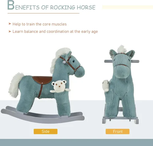 Miniatura 4 de Qaba Caballo mecedor de peluche para niños con juguete de oso, silla para niños con juguete de felpa suave y divertidos sonidos realistas, azul