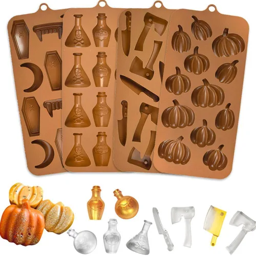 Miniatura 4 de Molde de silicona con forma de calavera de Halloween, murciélago, bruja, fantasma, bandeja de molde de calabaza, cabeza de calavera, gato