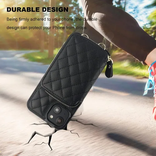 Miniatura 8 de Bocasal Funda tipo cartera cruzada para iPhone 14 Plus, bloqueo RFID, de piel sintética, con cremallera, funda tipo cartera con función atril y Negro