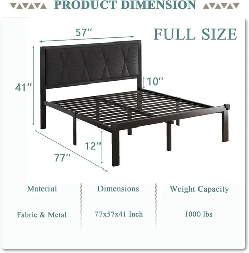 Miniatura 2 de Feonase Base de cama de metal de tamaño completo con cabecera capitoné con botones de tela, base de cama de plataforma con listones de metal