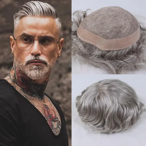 Miniatura 11 de HAPPY&CC Toupee - Piezas de cabello para hombre, sistema europeo de reemplazo de cabello humano de 10 x 8, base mono soldada fina con NPU alrededor