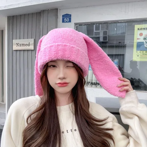 Miniatura 3 de Fauxfur Y2k - Gorro de conejo para mujer, gorro de invierno cálido con diseño de calavera y pompón, sombrero holgado
