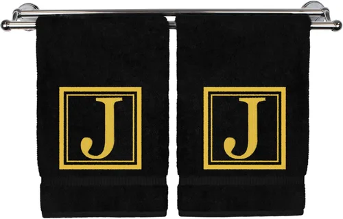 Miniatura 90 de Juego de 2 toallas de mano con monograma, 16 x 30 pulgadas, regalo personalizado, letra blanca bordada con diseño cuadrado sobre toalla negra, extra