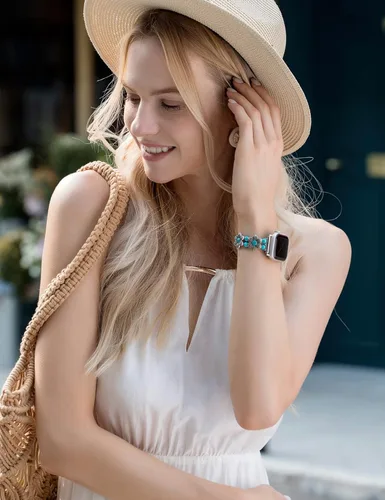 Miniatura 5 de Wearlizer Compatible con Apple Watch Band de 38/40/41/42/44/45/1.929 in para mujer, pulsera elástica con cuentas turquesa bohemia hecha a mano