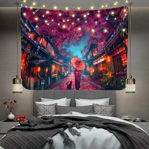 Miniatura 8 de Aidatain Tapiz de anime japonés antiguo japonés de paisaje de calle nocturna, tapiz de farol de flor de cerezo, tapiz grande de 80 x 60 pulgadas