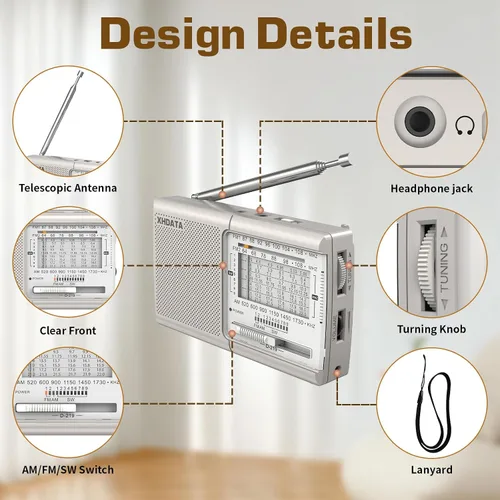 Miniatura 3 de XHDATA D219 Radios Portátiles AM FM con Fuerte Recepción Diseño Compacto, Pequeña Radio Transistor Operada con Pilas (AA) Altavoz de Sonido Claro