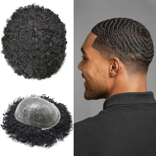 Miniatura 14 de All Poly African American Mens Toupee Unidades de cabello humano brasileño para hombres negros Afro Toupee para hombre negro inyección de PU 1#