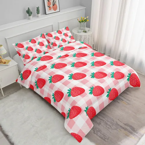 Miniatura 4 de Juego de ropa de cama Kawaii de fresa para niñas, juego de ropa de cama con patrón de cuadrícula rosa con 1 edredón y 2 fundas de almohada