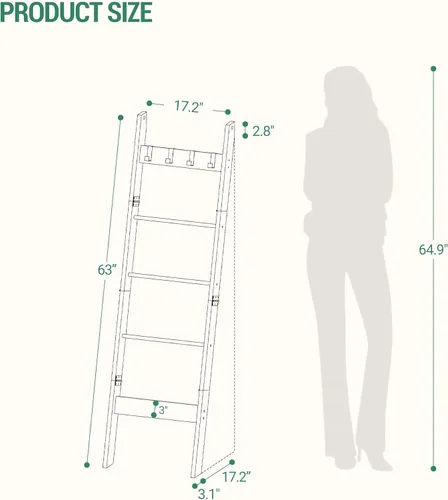 Miniatura 2 de Hzuaneri Escalera para manta para sala de estar, estante decorativo para edredón con 4 ganchos extraíbles, 5 niveles de soporte de escalera de Blanco