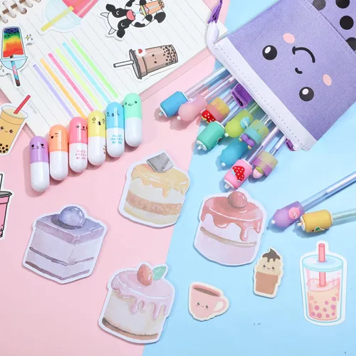Miniatura 6 de Sabary Kawaii - Juego de papelería – Bolsa telescópica para lápices Boba, lápiz de tinta de gel, resaltador de píldoras de té de burbujas