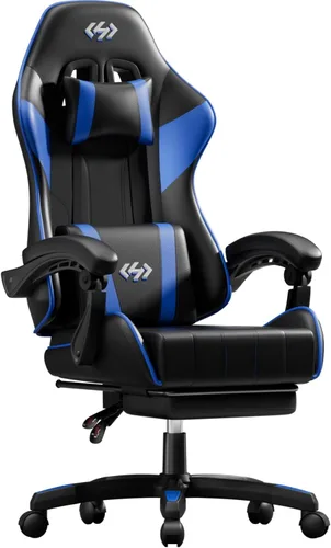 Miniatura 9 de HLDIRECT Silla de juegos, silla ergonómica de oficina para computadora con soporte lumbar, reposapiés, reposacabezas, piel sintética, giro de 360°