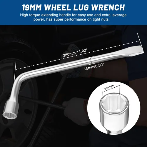 Miniatura 2 de Llave de tuerca de hierro para neumáticos de 19 mm: Llave de tuerca de lengüeta tipo L con casquillo hexagonal y barra de neumático, herramienta