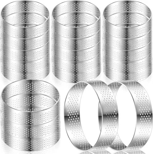 Miniatura 8 de Mumufy 20 anillos de tarta perforados redondos de acero inoxidable para hornear, anillos redondos de metal antiadherentes para pastelería, postre