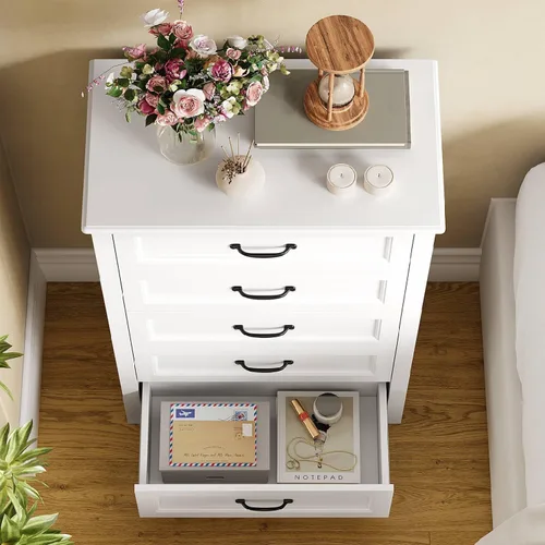 Miniatura 5 de Gizoon - Cómoda de 5 cajones, cómoda de madera blanca para dormitorio, gabinete de almacenamiento de gran capacidad de 43.3" con dispositivo