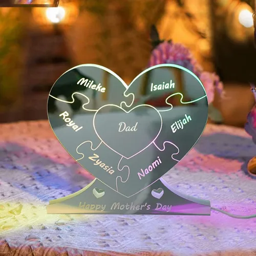 Miniatura 3 de Rompecabezas de nombre de familia personalizado, luz LED, espejo de corazón, espejo de dormitorio, espejo acrílico personalizado de 1 a 12 nombres