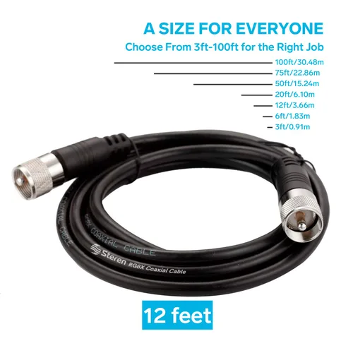 Miniatura 3 de STEREN Cable coaxial RG8X de 12 pies, cable coaxial CB con conectores UHF PL259, macho a macho de baja pérdida de 50 ohmios para radio HAM, LMR400